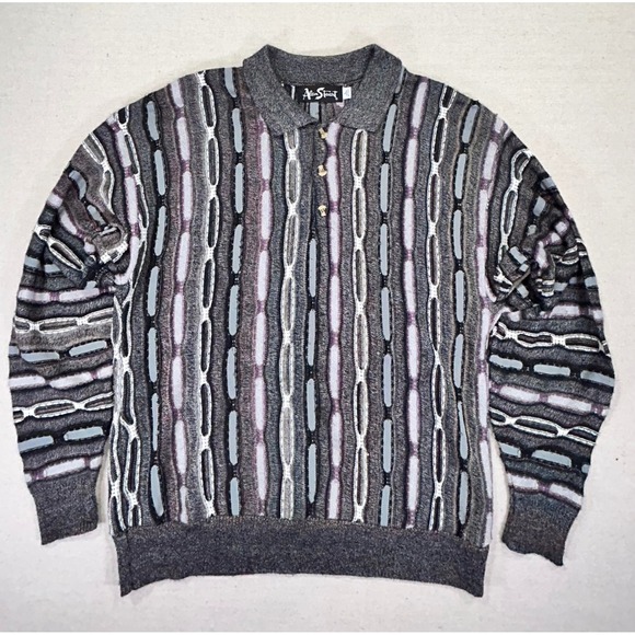 Alan Stuart Men's Large 3D COOGI Style Cosby Dad Sweater Cardigan Chain Link - Picture 1 of 6